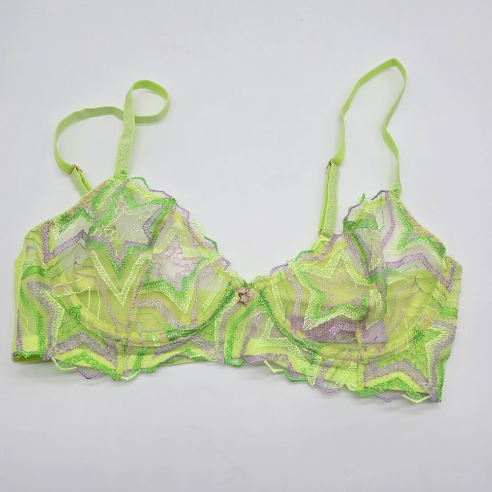 Savage X Fenty Lime Green Star Mesh Bra 32D Sheer Plunge - Picture 8 of 13